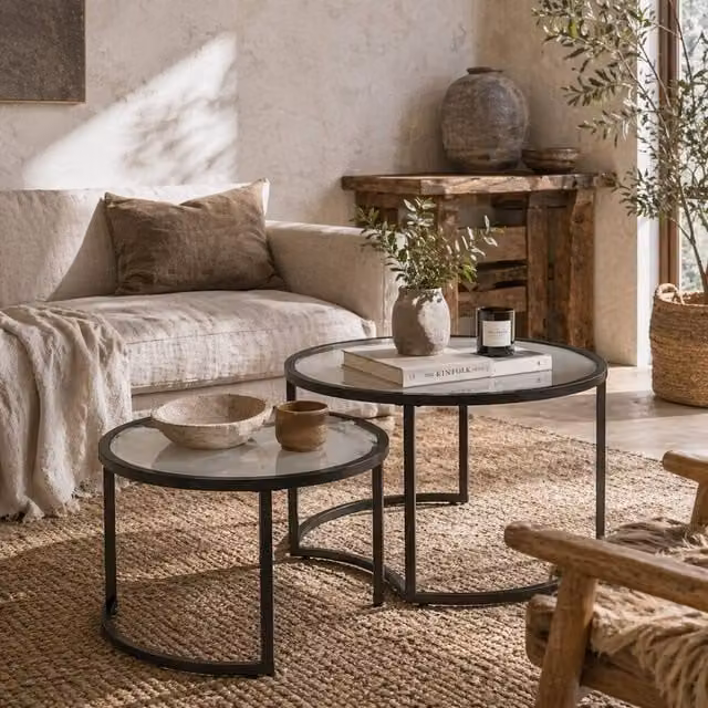 Wyld Haus Nase Set of 2 Round Nesting Coffee Tables in Black Metal and Clear Glass