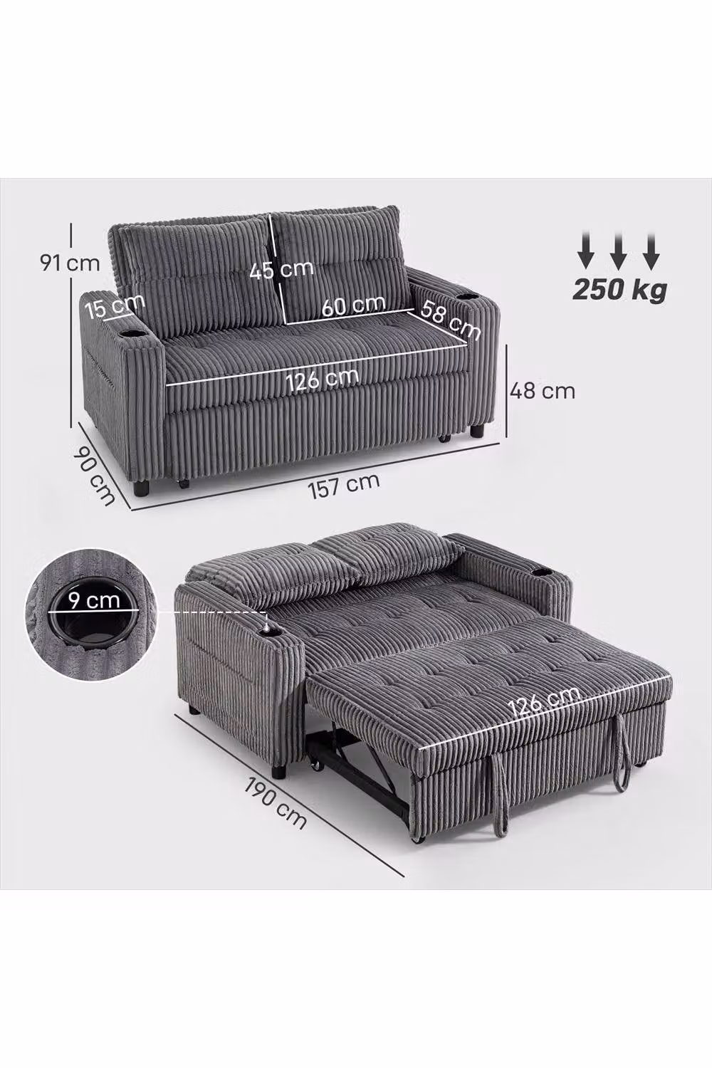 ERGOVEXA 2 Seater Click Clack Sofa Bed in Grey Velvet with Metal Frame and Cup Holders – 2