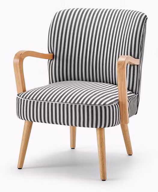 FurnitureboxUK Sylvie Accent Chair with Black Striped Fabric and Oak Effect Rubberwood Legs