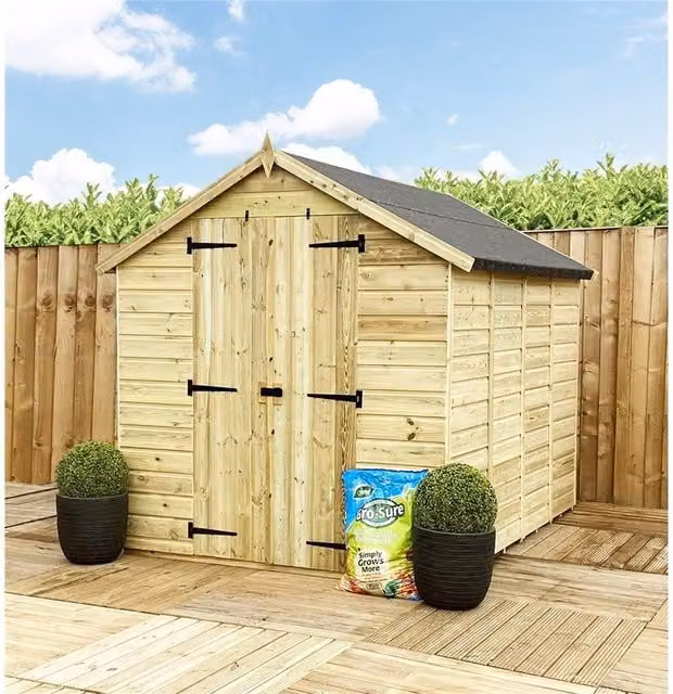 Marlborough Pressure Treated Low Eaves Apex Garden Shed with Double Doors in Natural Brown