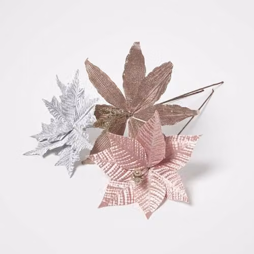 Homescapes Pink and Silver Artificial Poinsettia Flowers Set of 3, Single Stem 45 cm Textile Foliage