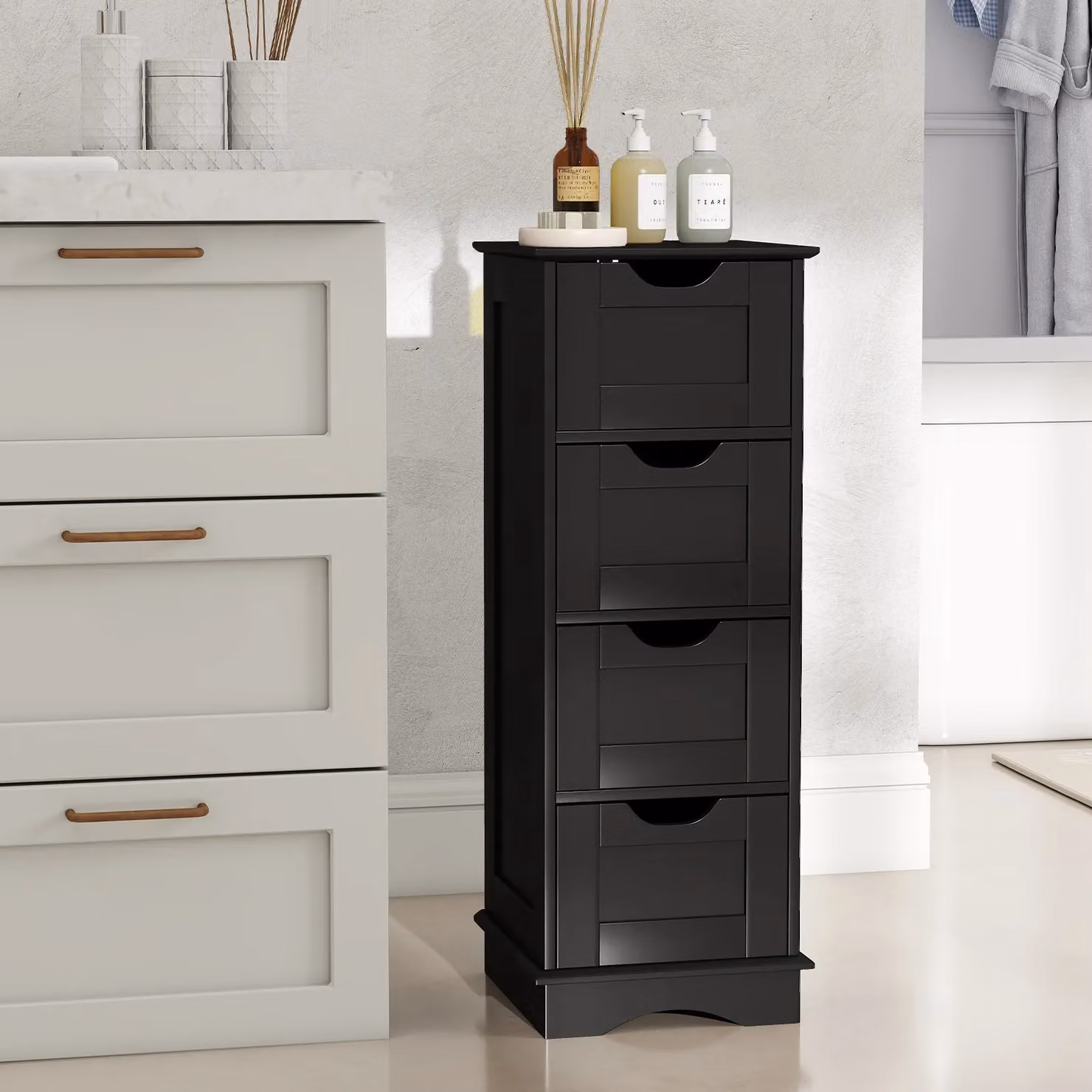Gymax Modern Matt Black Freestanding 4-Drawer Narrow Storage Cupboard Bathroom Floor Cabinet – 4
