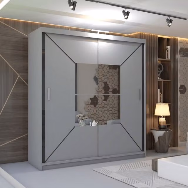 MN Furniture Naxos Grey Sliding Mirror Wardrobe with Integrated LED Lighting W/H: 203 x 217 cm – 1