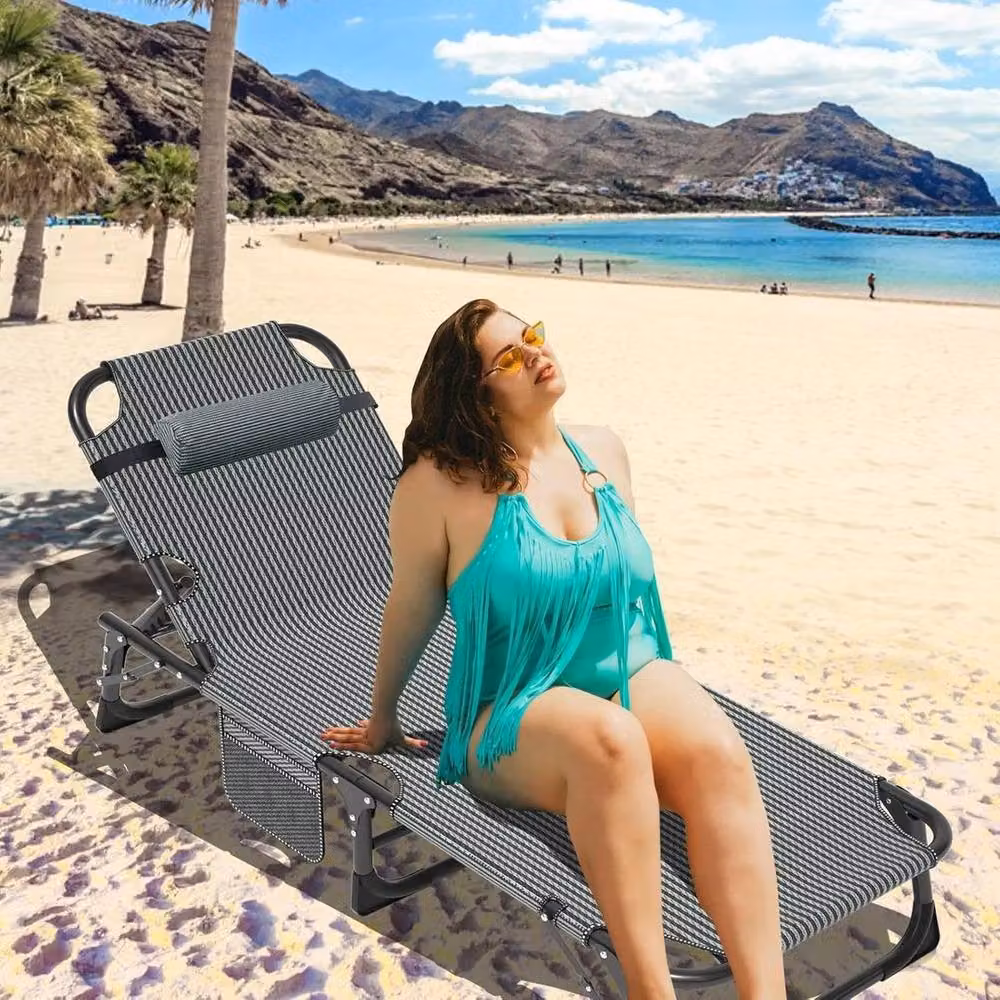 EONLION Grey Padded Foldable Sun Lounger with Adjustable Headrest and Side Compartments – 4