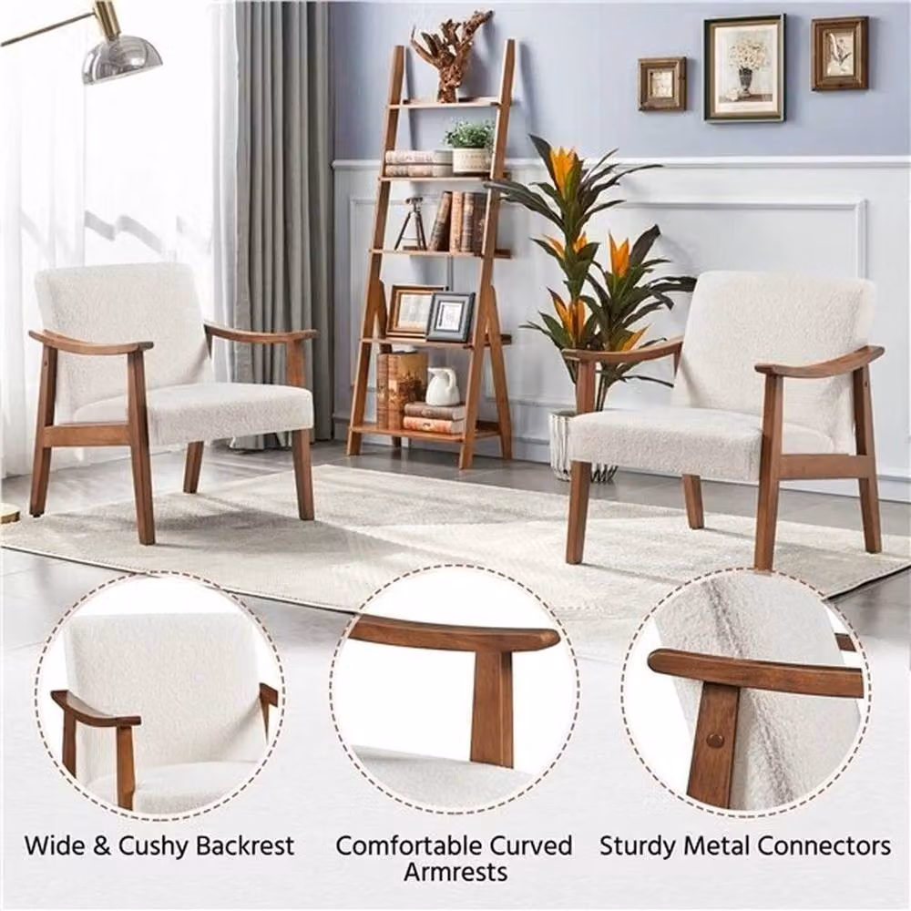 KORVIXA Bouclé Fabric Armchair with Armrests and Wood Legs in White – 2