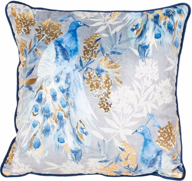 Divante Blue and Gold Peacock Metallic Square Cushion