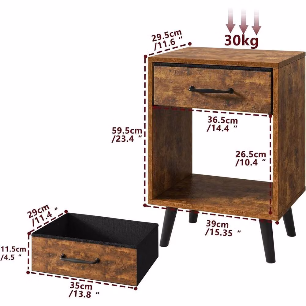 VOGREX Set of 2 Rustic Brown Wooden Nightstands with Fabric Drawers – 2