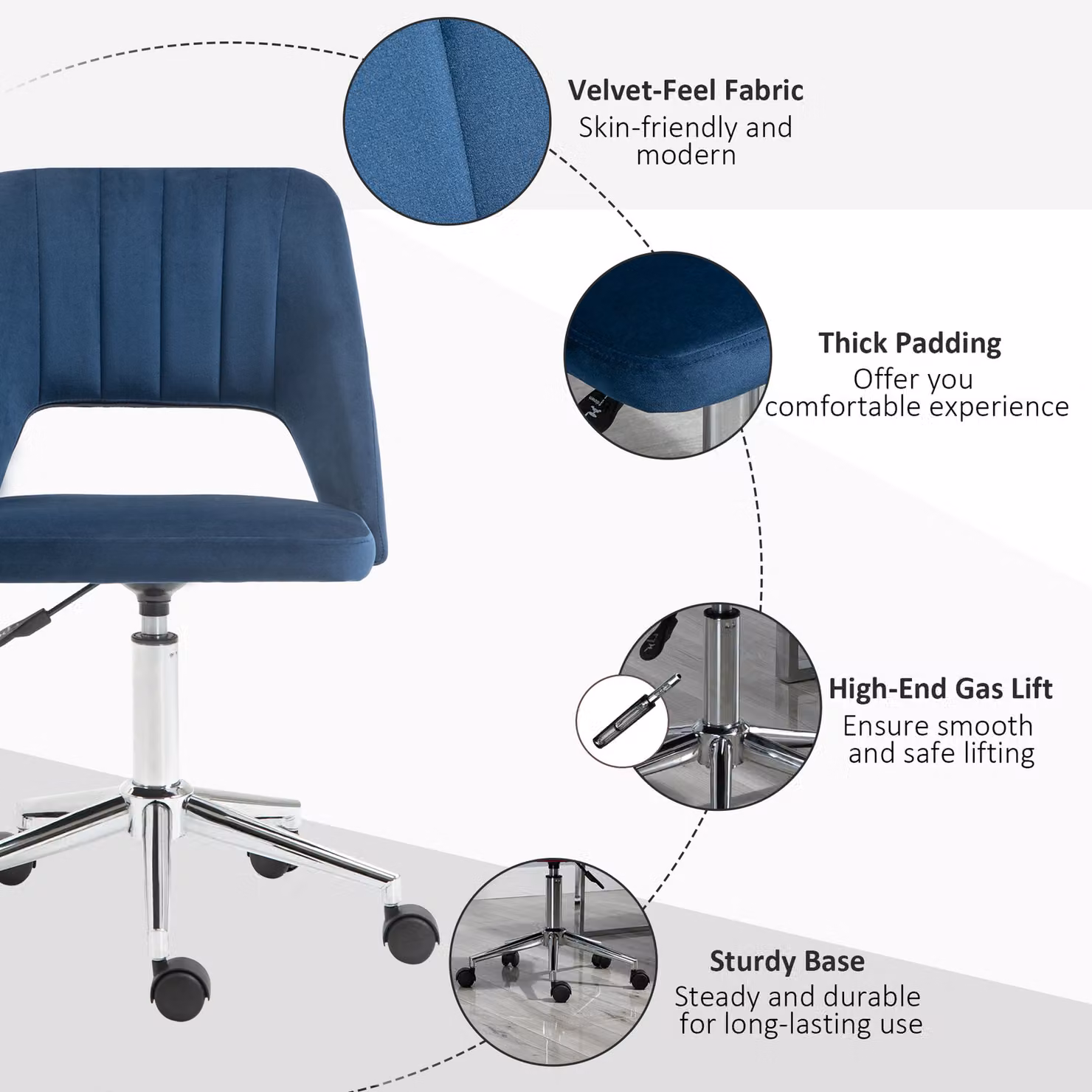 Vinsetto Armless Velvet Task Chair in Blue – 4