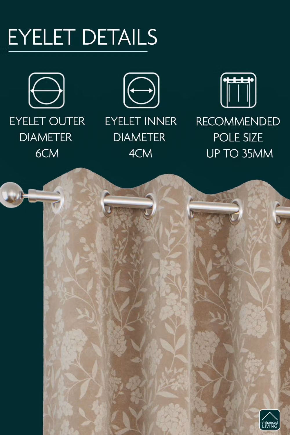 Enhanced Living Brown Floral Print Thermal Blackout Suede Eyelet Curtains, Pair, Width: 168 cm, Drop: 229 cm – 2