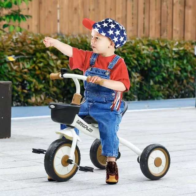 AIYAPLAY Toddler Tricycle with Adjustable Bell and Basket, White