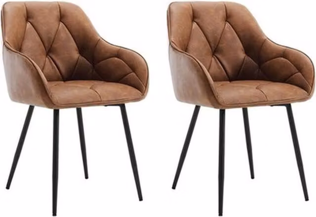 NESTLUNE Set of 2 Brown Leather Dining Chairs with Metal Legs for Kitchen, Dining Room or Home Office