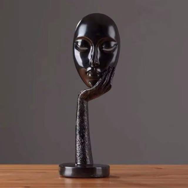 Livingandhome Minimalist Human Face Figurine Sculpture, Black, Height: 37 cm