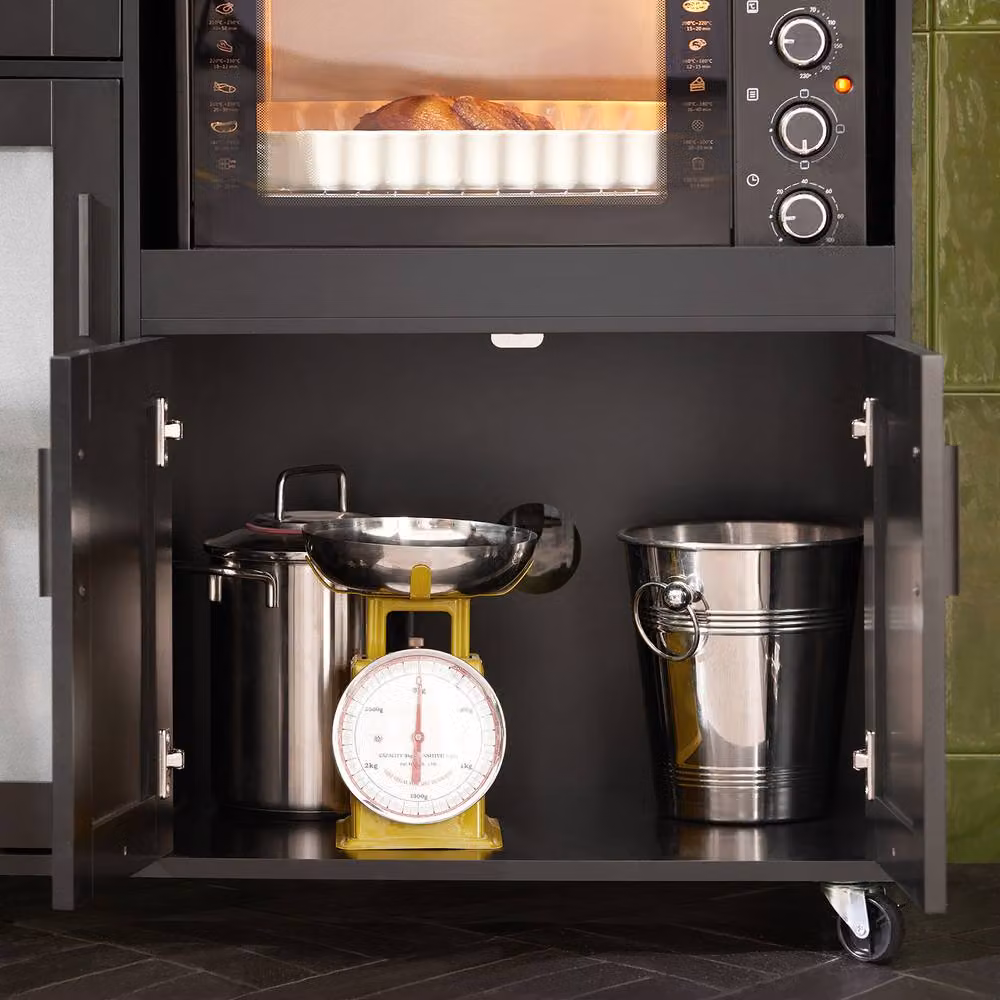 SoBuy Black Rustic Kitchen Trolley with Glass Doors and Appliance Housing Unit – 4
