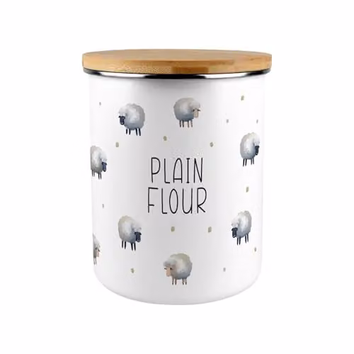Purely Home Spring Sheep Plain Flour Canister, White Enamel with Bamboo Lid