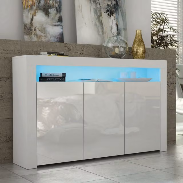 Mex Furniture LTD Modern White Gloss Sideboard with Integrated LED Lighting, Width: 155 cm – 1