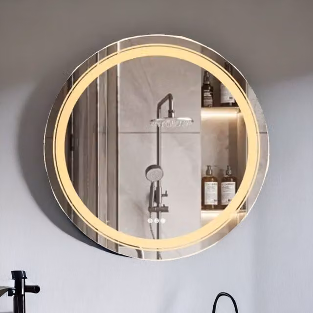 Pirlo Plush Round LED Illuminated Dimmable Wall Mirror with Anti-Fog Demister in Gold/Brass – 1