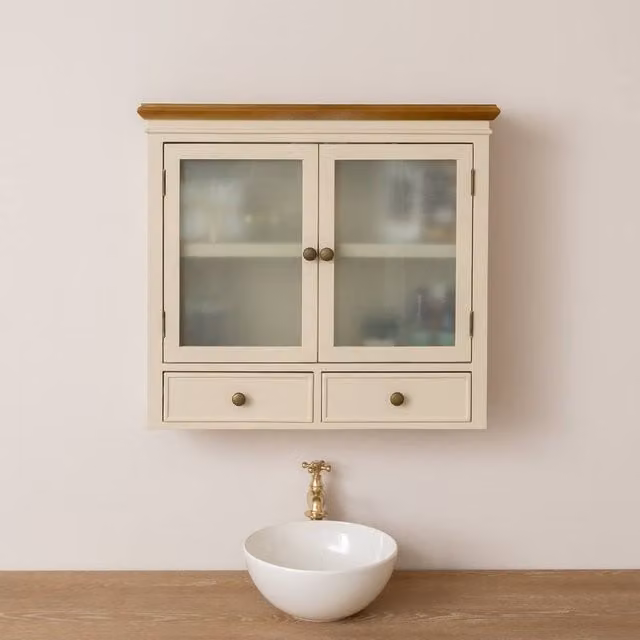 Melody Maison Claudia Range Wall Mounted Cabinet with Glass Doors and Drawers in Beige and Brown