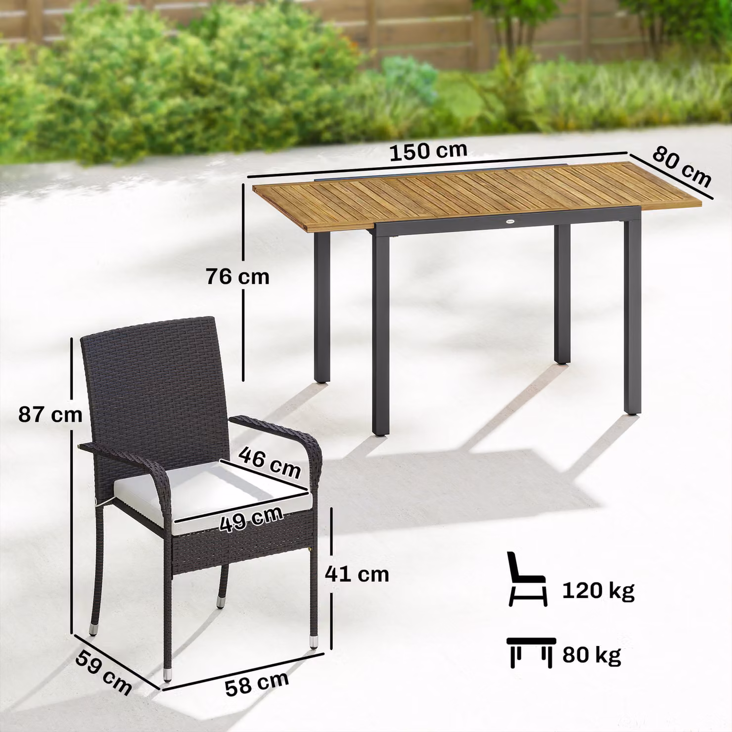 Outsunny 7 Piece Rattan Garden Furniture Set with Extendable Acacia Wood Tabletop and 6 Stackable Chairs – 3