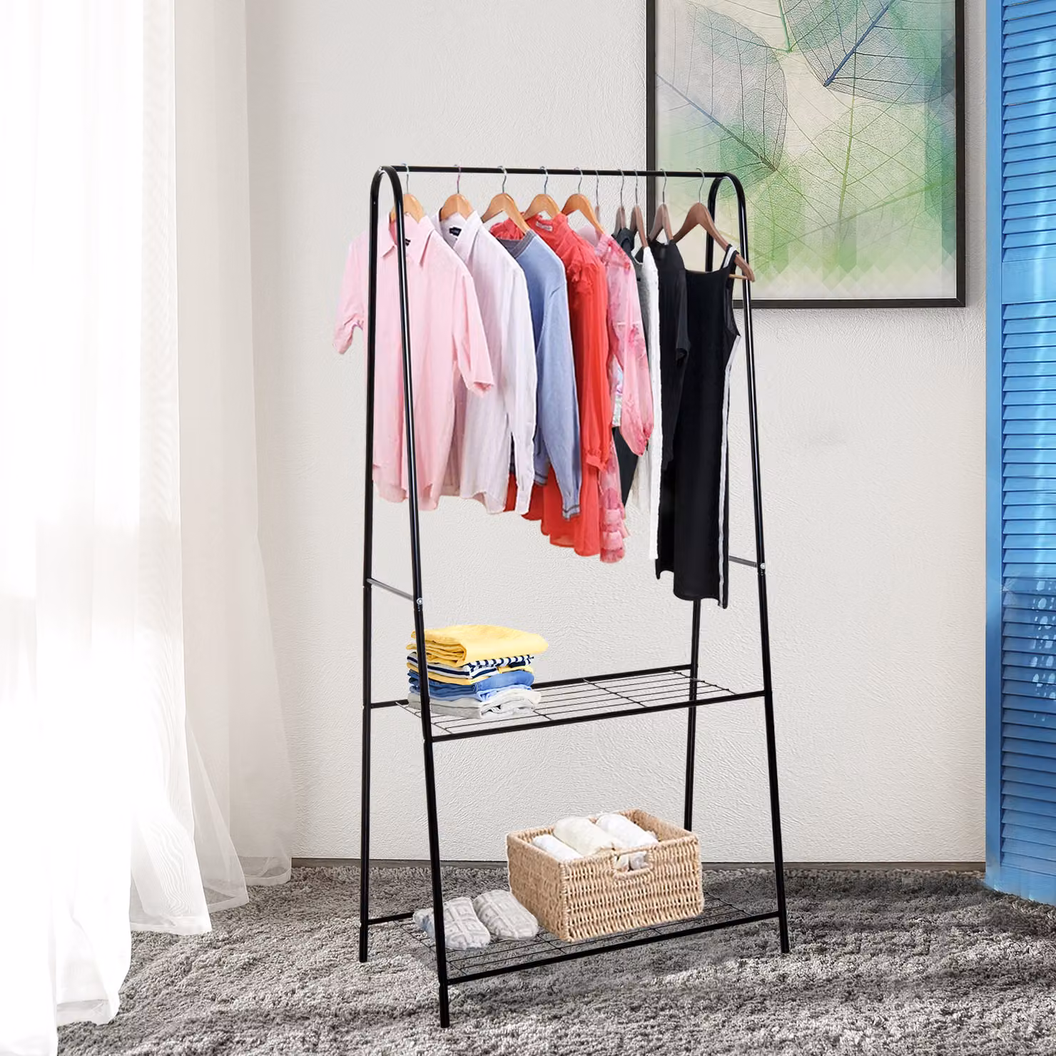 HOMCOM A-Frame Metal Clothes Rack and Coat Hanger with 2-Tier Shoe Shelving, Black, W: 45 cm, D: 77 cm, H: 153 cm – 2