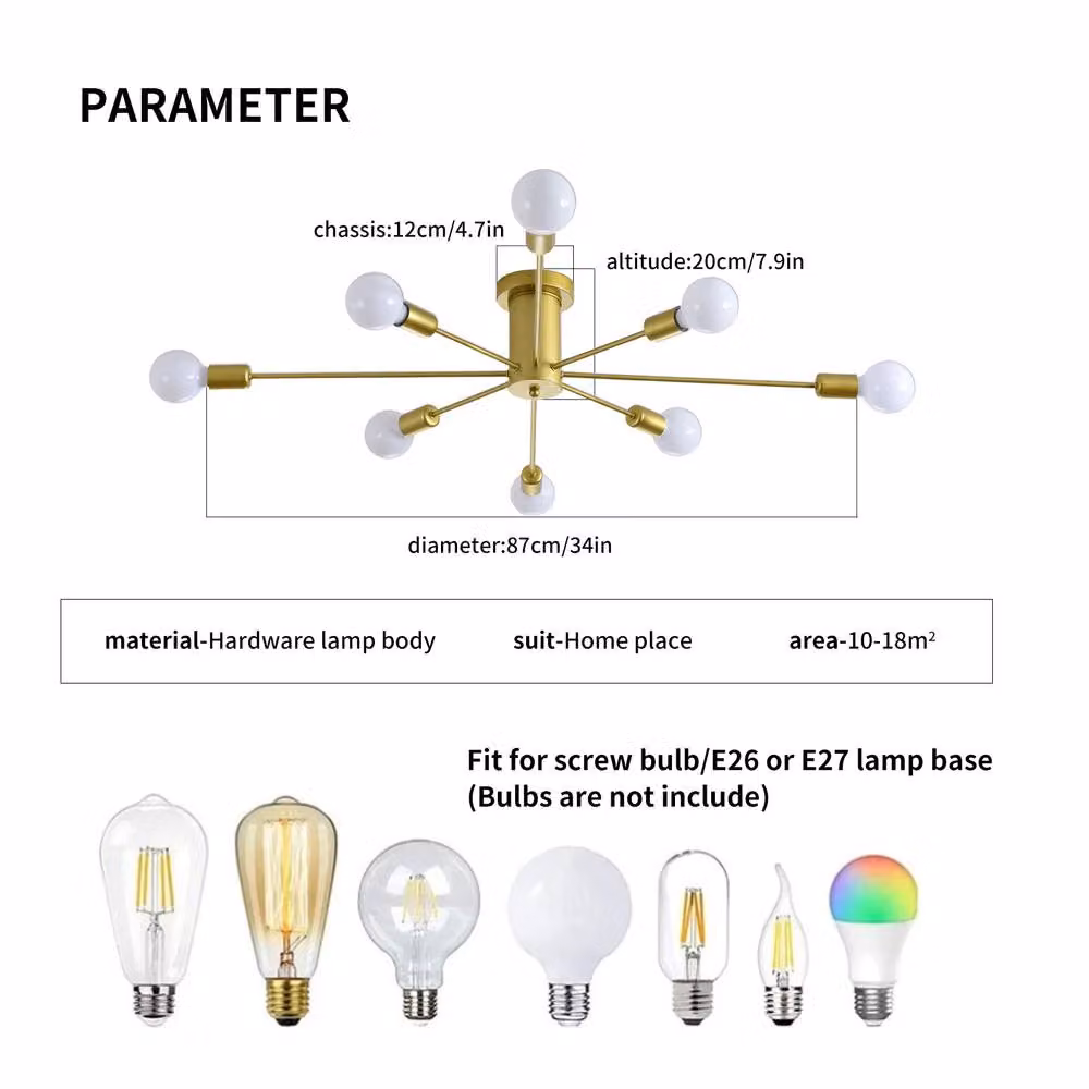 NIVOR 8-Light Industrial Mid Century Flush Mount Ceiling Chandelier in Gold/Brass Metal and Glass – 2