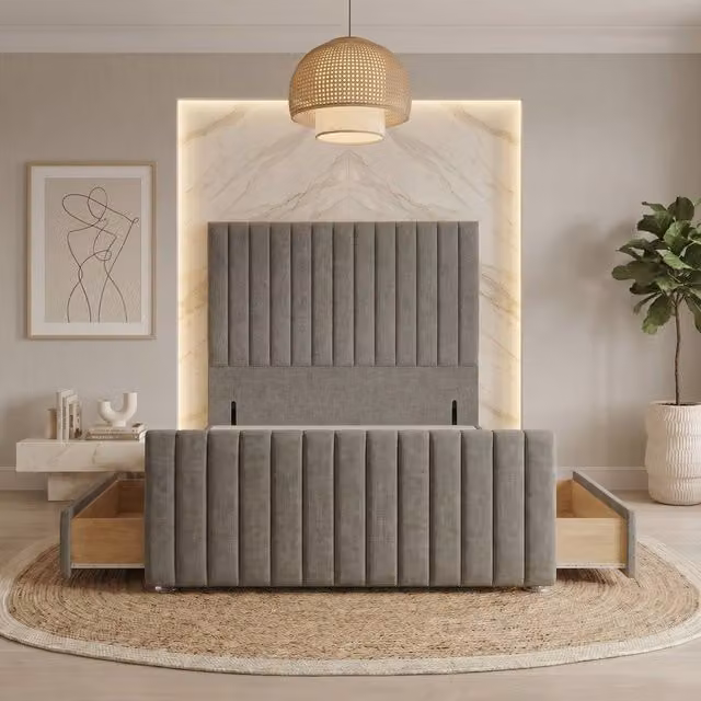 Somnior Eleanor Linen Divan Base with 4 Drawers, 54 inch Headboard and 22 inch Footboard, Silver/Grey, Super King, W/D/H: 200 x 200 cm