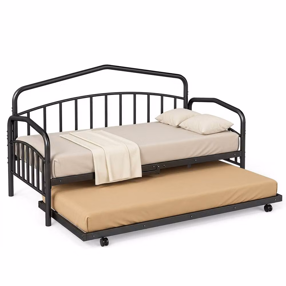 Costway Single Metal Daybed with Rolling Pull Out Trundle in Black, W/D/H: 90 x 200 cm – 5