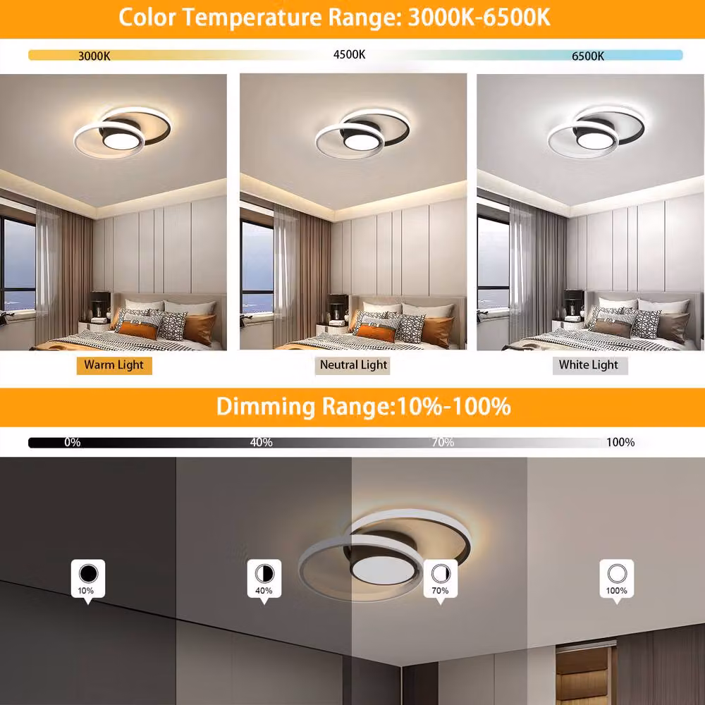 Pheashine Modern Double Ring LED Ceiling Light with Remote Control and Dimming Function, 40W, Black or White – 2