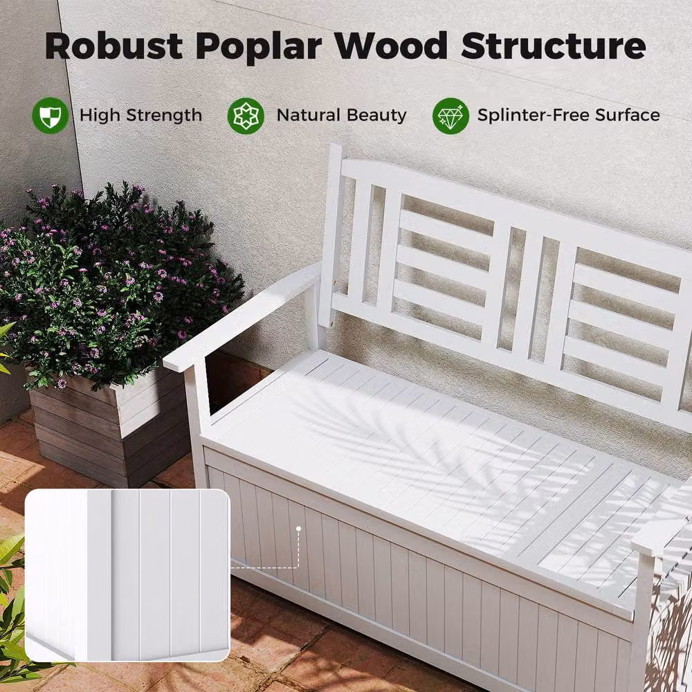 Gymax Solid Wood Patio Bench Storage Loveseat with Backrest in White – 3
