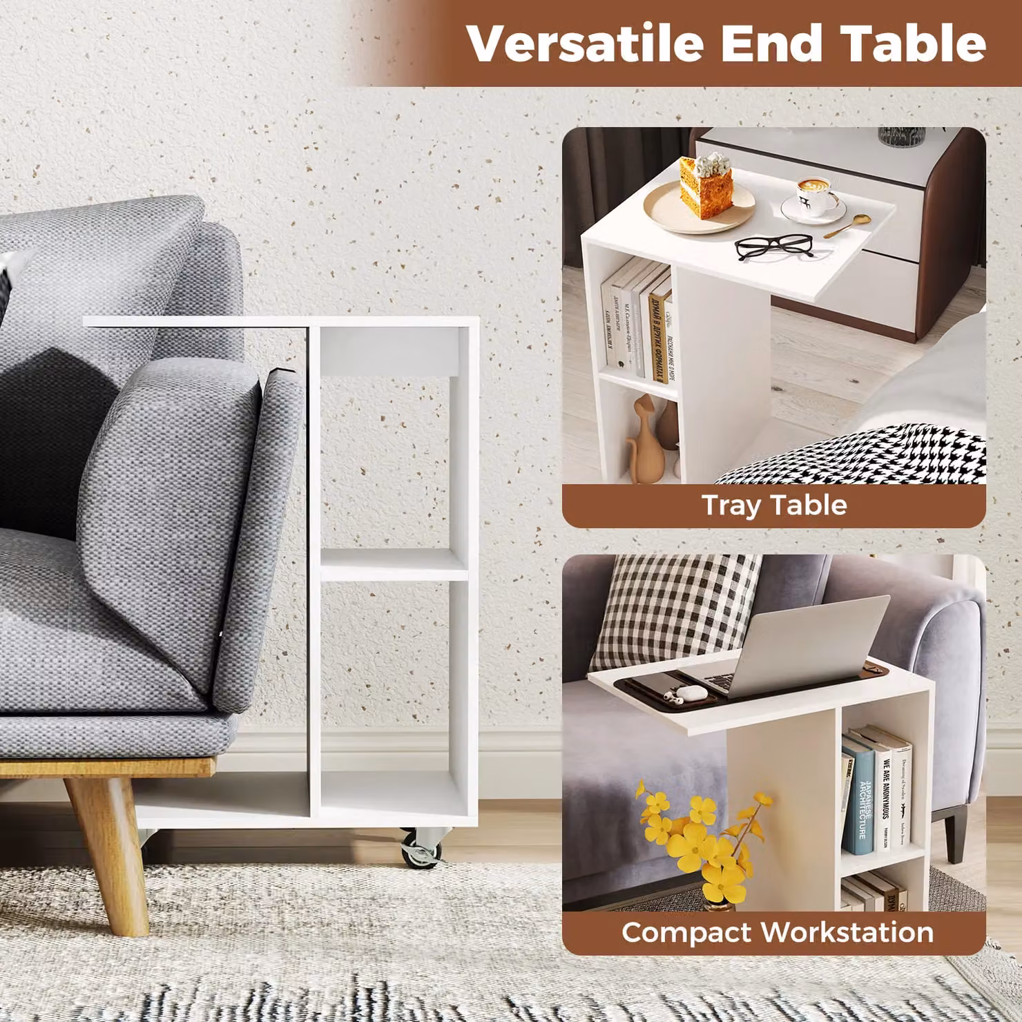 Costway C-Shaped End Table with Storage Shelves in White – 2