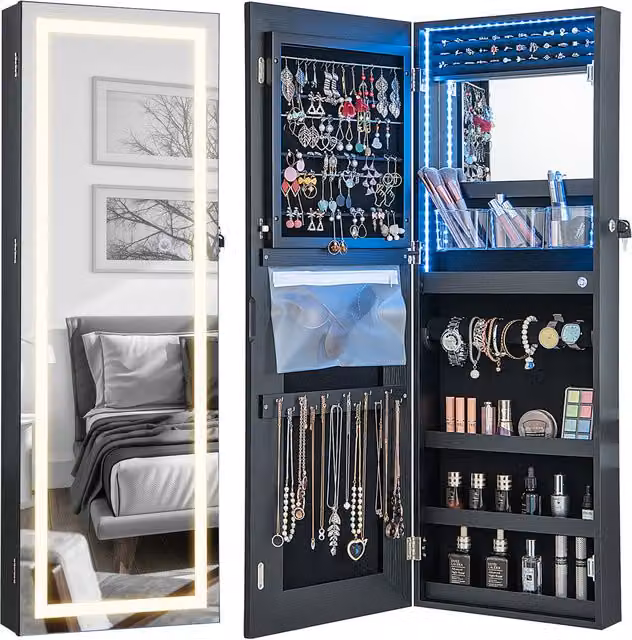 COSTWAY Modern Black Jewellery Mirror Cabinet with Integrated LED Lighting and Glass Hinged Doors