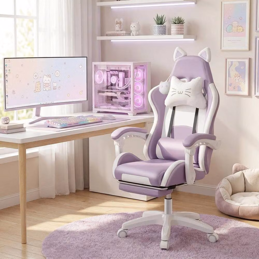 NESTLUNE Purple Gaming Chair with Cat Ears and Synthetic Leather, Height Adjustable, H 100 cm x W 100 cm x D 100 cm – 2