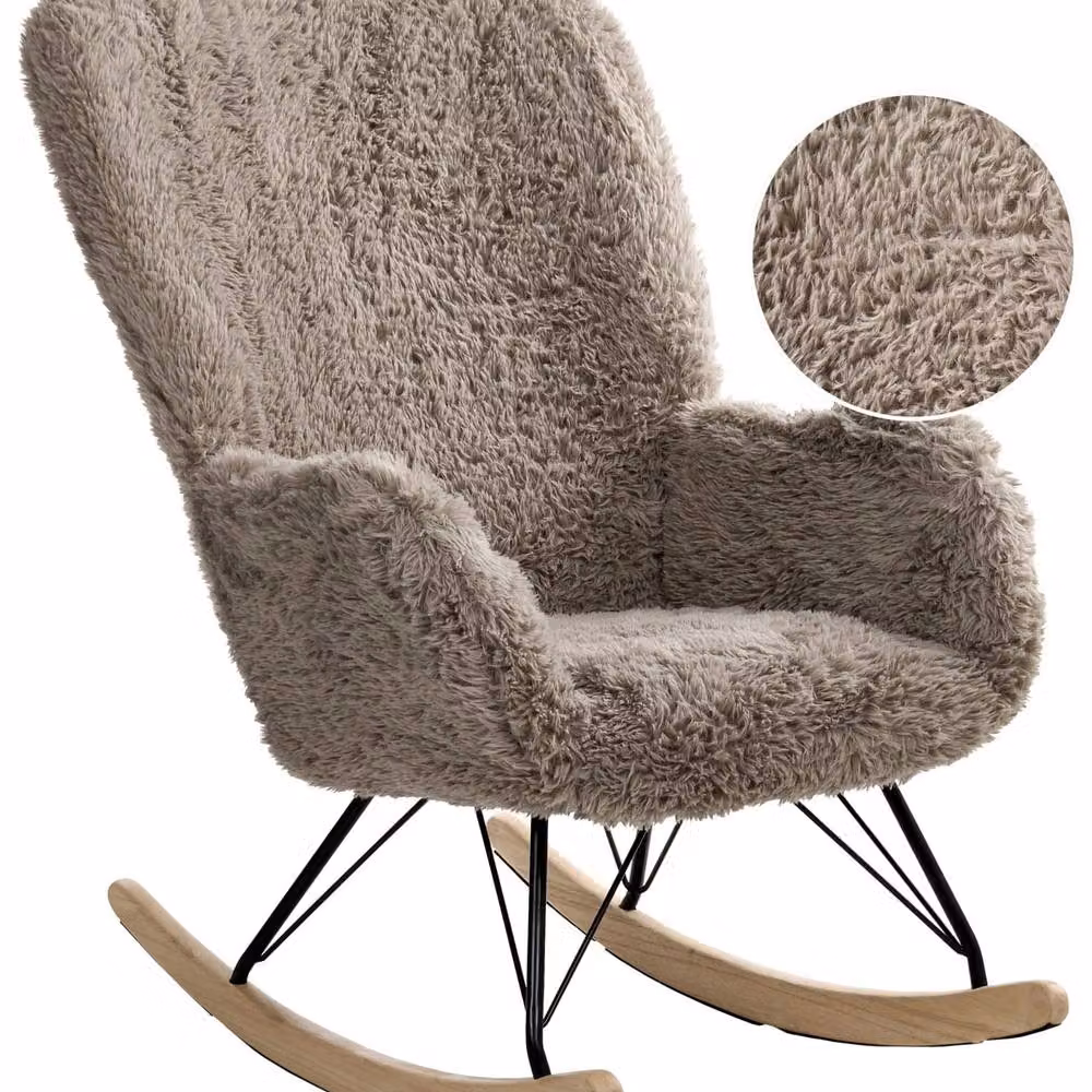 Wyld and Coco Rocking Chair in Beige with Rubberwood Frame and Faux Fur Fabric – 2