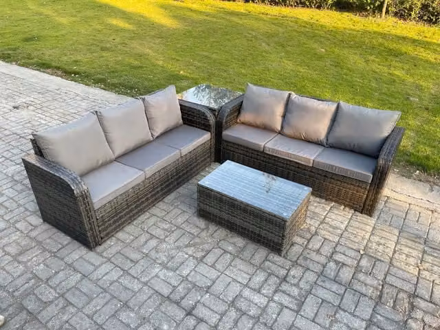 Fimous 6 Seater Wicker Rattan Garden Furniture Set in Dark Grey with 3 Seater Sofa, Rectangular Coffee Table and Side Table