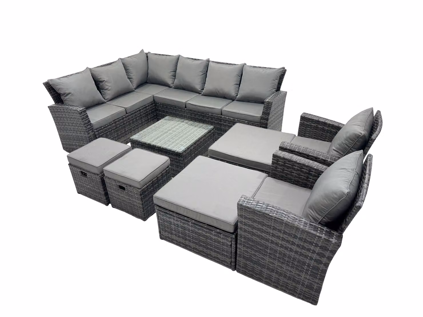 Fimous 12 Seat Poly Rattan Corner Sofa Set with 4 Stools and 2 Chairs in Dark Grey – 2