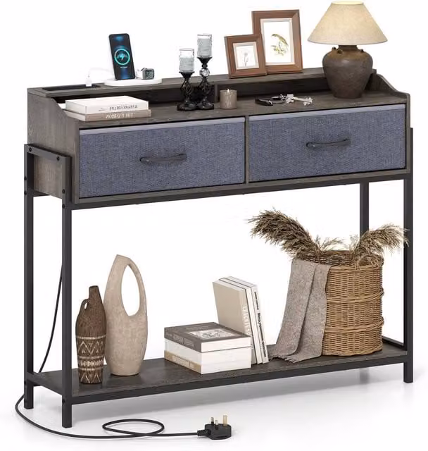 Costway Grey Industrial Console Table with Charging Station and Shelves