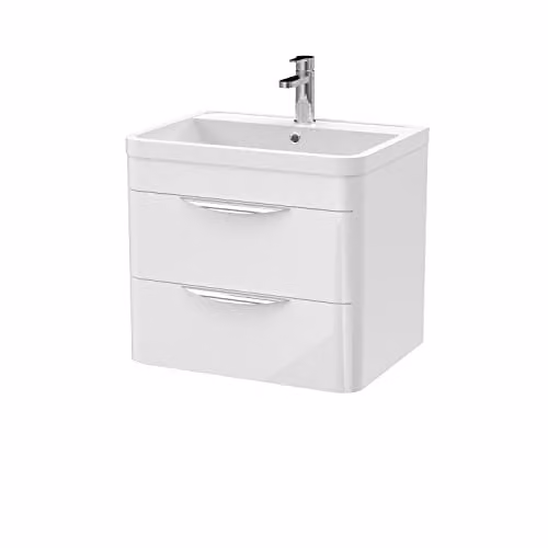 nuie Parade Modern Wall Hung Bathroom Vanity Storage Unit with Ceramic Basin and 2 Drawers, Gloss White, W: 60 cm, D: 45 cm, H: 54 cm – 1