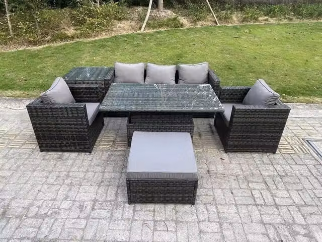 Fimous Outdoor Rattan Garden Furniture Set in Dark Grey with Adjustable Lifting Dining Table, Side Table and 2 Armchairs