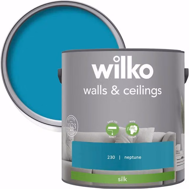 wilko Walls and Ceilings Silk Emulsion Paint, Neptune Blue, 2.5 l