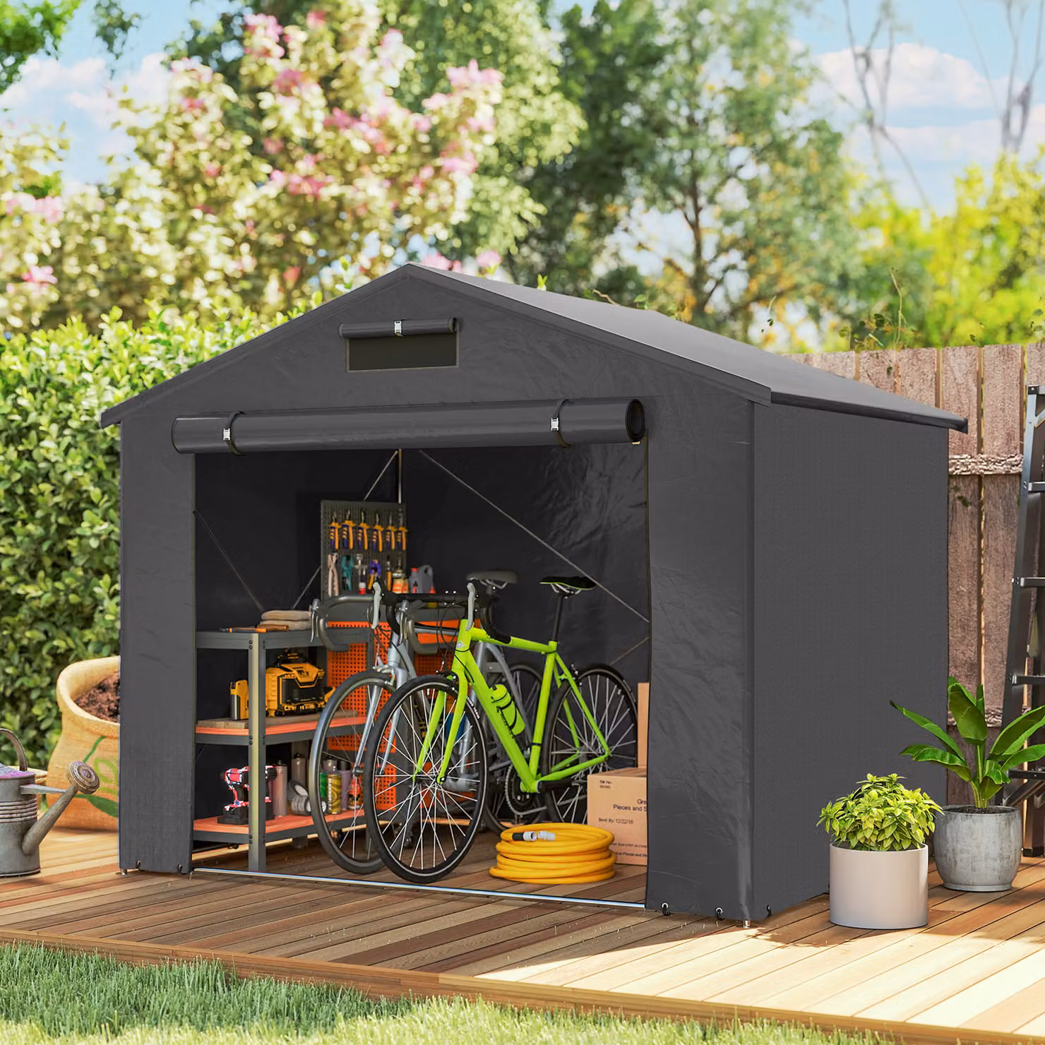 Outsunny Grey Waterproof Outdoor Garden Storage Shed with Steel Frame, Single Door and Window, W/D/H: 243.84 x 182.88 x 180.0 cm – 2
