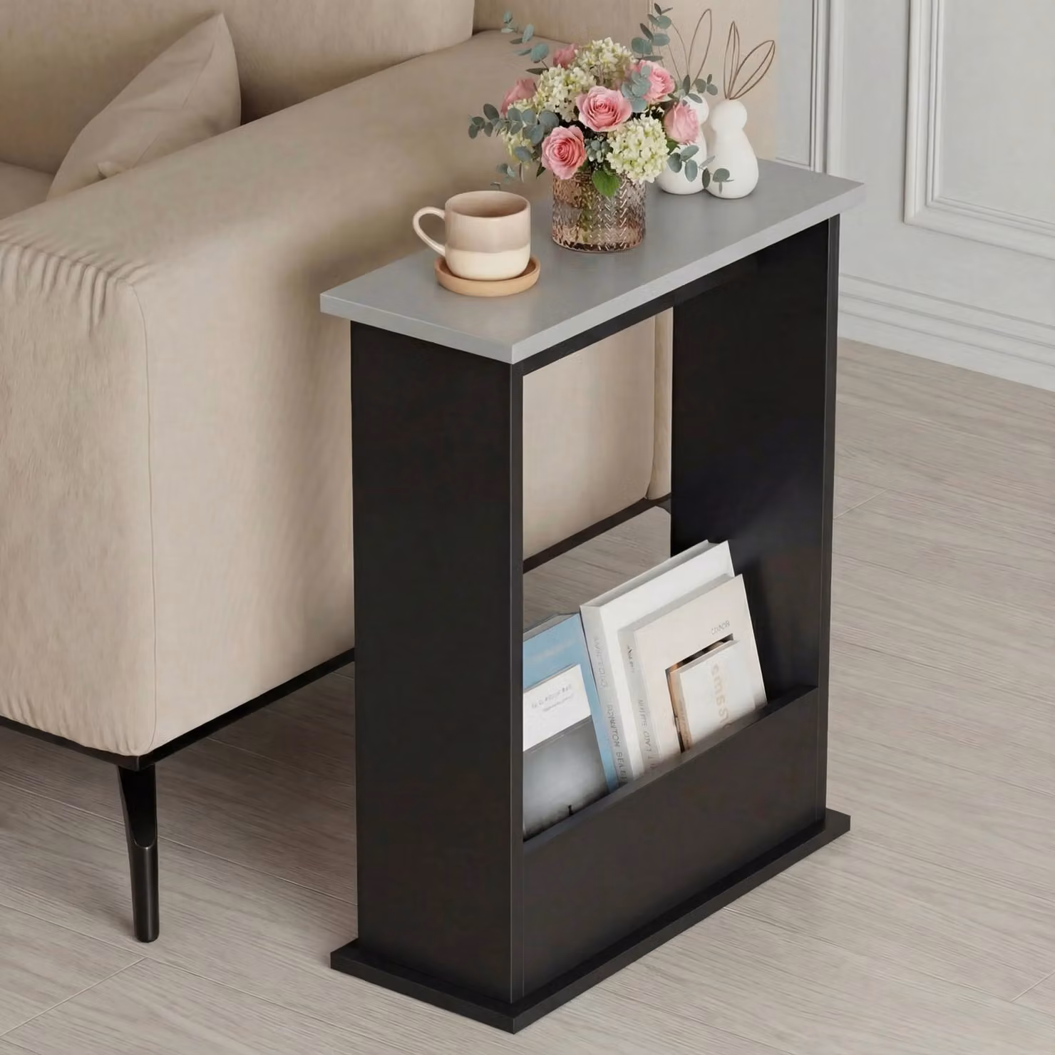 DHS Small Narrow Side Table with Storage in Grey and Black