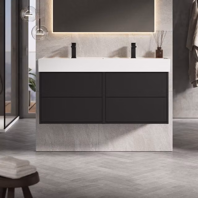 Banyetti Venti 1200mm Wall Hung Vanity Unit with Veneto 2 Tap Hole Basin, Matt Black, W/D/H: 120 x 45 x 48 cm – 1