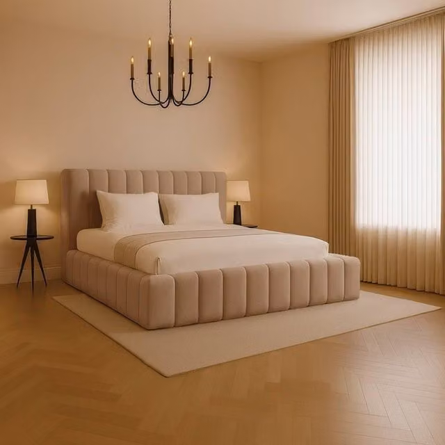 Desire Deco Kingston Modern Upholstered Storage Bed in Beige, W/D/H: 180 x 200 cm