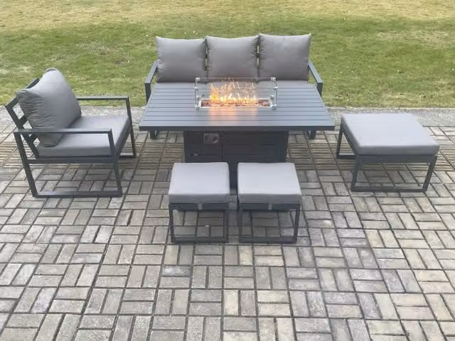 Fimous 7 Seater Aluminium Outdoor Garden Furniture Set with Gas Fire Pit Dining Table and 3 Footstools in Dark Grey