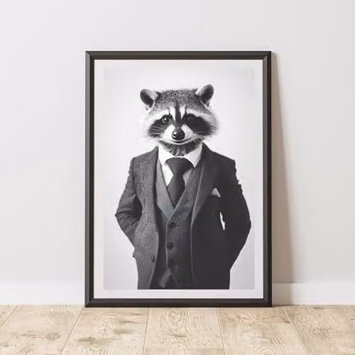 60 Second Makeover Raccoon Wearing A Suit Paper Poster, Black and White, A4