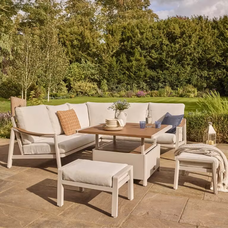 Atkin & Thyme Leena 7 Seat Corner Sofa Dining Set with Height Adjustable Table in Grey, White or Beige