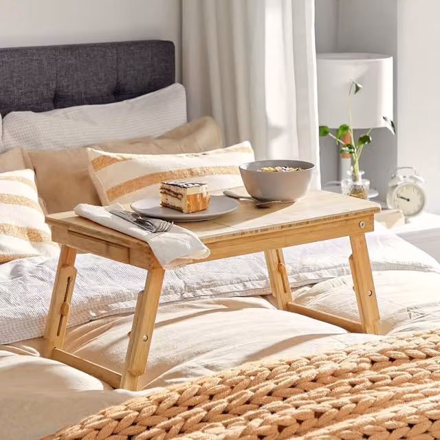 SONGMICS Adjustable Bamboo Laptop Table and Breakfast Tray in Natural with Tilting and Folding Top