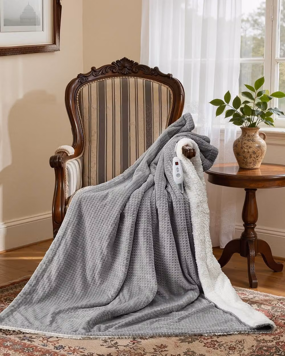 London Boutique Dual-Sided Flannel Electric Heated Blanket in Grey with 6 Heat Levels and 10h Auto-Off – 2