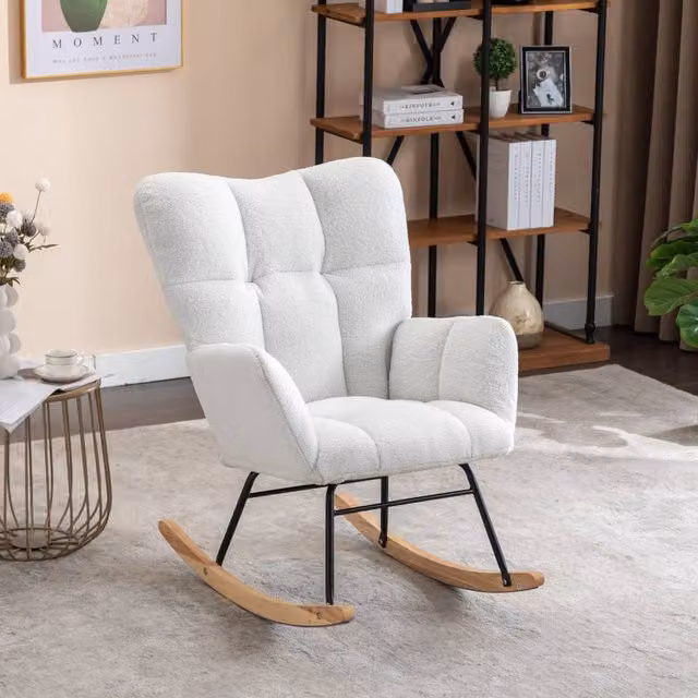 Direct Wicker White Teddy Bouclé Fabric Tufted Upholstered Rocking Chair with Armrests – 1