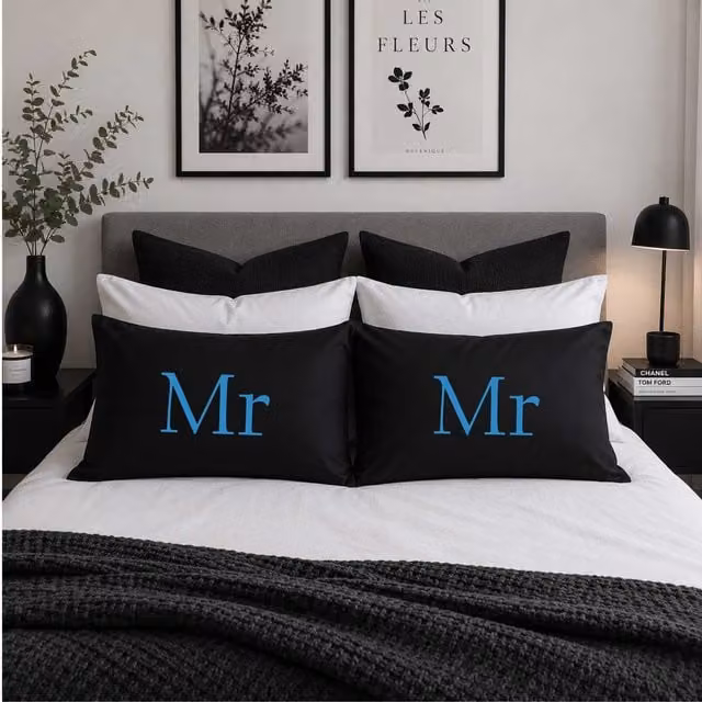 60 Second Makeover Mr & Mr Cotton Pillowcases in Black and Blue