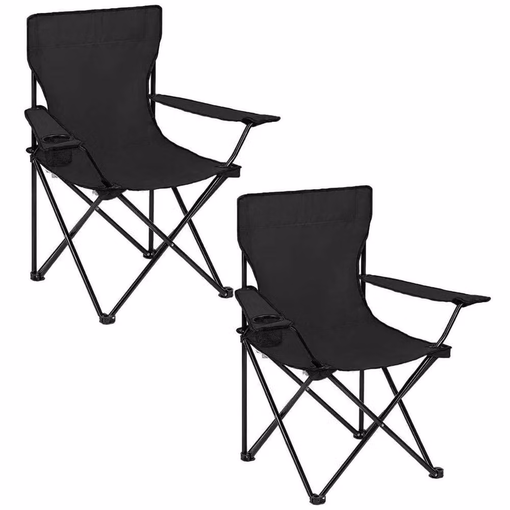 FORGEVIO Black 2-Pack Folding Camping Chairs with Armrests and UV-Resistant Polyester Fabric – 3